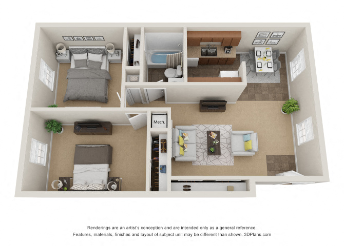 Floor plan for 2 beds, 1 bath, 750 sqft